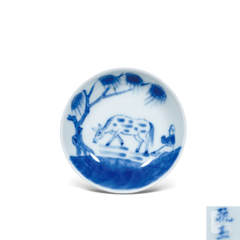 清道光青花牧马图浅碗